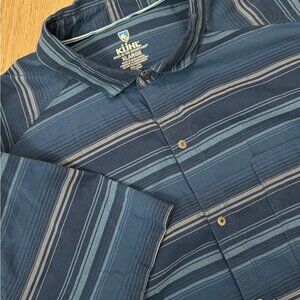 Kuhl Men's Navy and Gray Striped Button Down Shirt